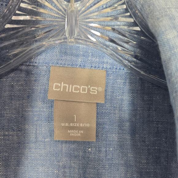 Chicos Chambray Linen Tunic Dress Drawstring Cover up Blue Mini Dress  #915 - Picture 6 of 11